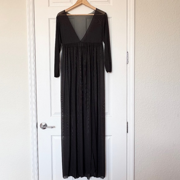 Y2K Sheer Mesh High-Slit Maxi Black Dress M 3/4 Sleeve - Picture 4 of 10